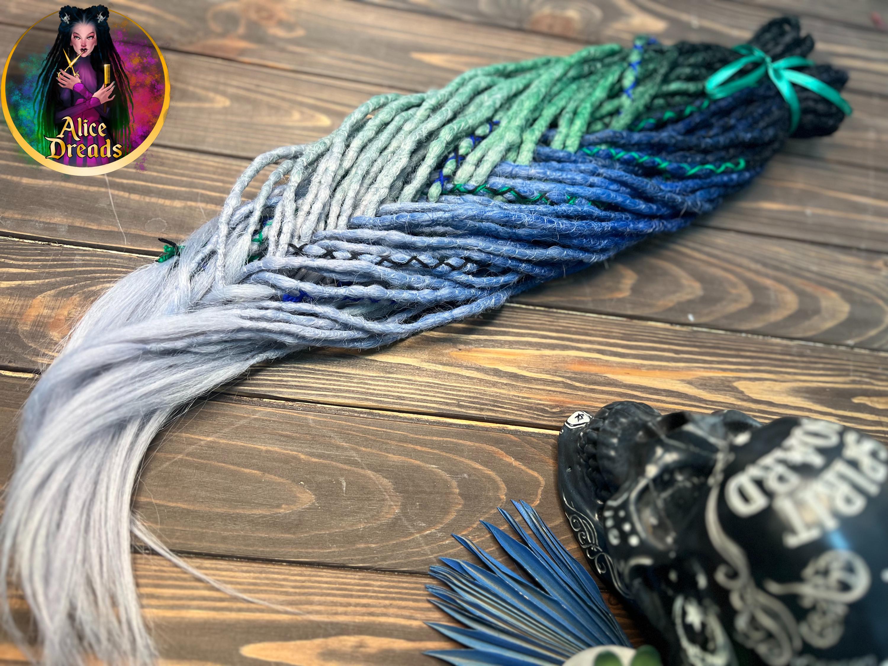 Dreadlock extensions mix of crochet synthetic dreads locks black mint green turquoise white ombre with fluffy braids, wrapped accents