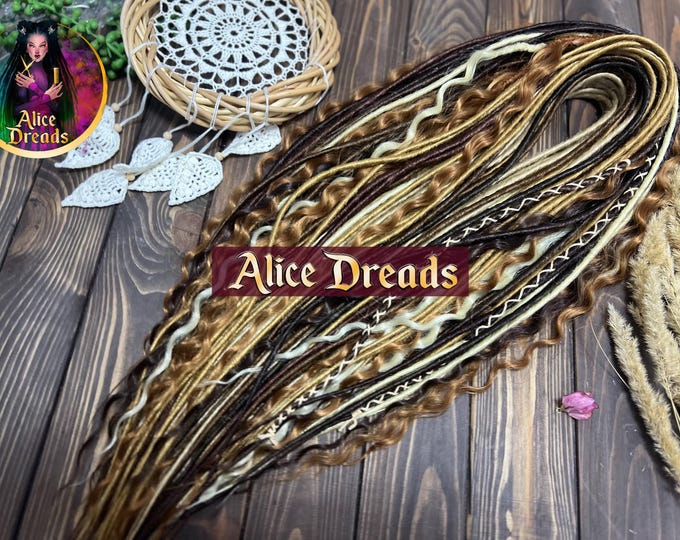 Brown Blonde Curly Dreads: Wavy Double Ended Hair Extensions wrapped accents, twisted locks