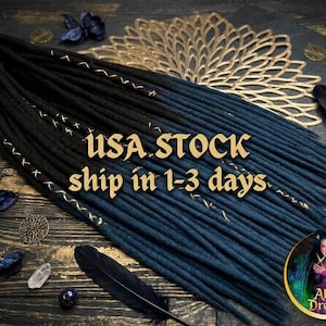 May include: A set of long, synthetic dreadlocks featuring a color gradient that transitions from black at the roots to a deep navy blue at the tips. Several individual dreadlocks are wrapped with thin, light-colored thread in a crisscross pattern.