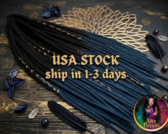Wool Dreads "Deep Ocean": Black Ombre to Navy Blue with Gold wrapped Accents (45-50cm)