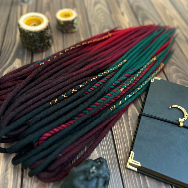 Double Ended Wool Dread Extensions Bohemian Dreads Dark Brown Emerald Burgundy Mix Set