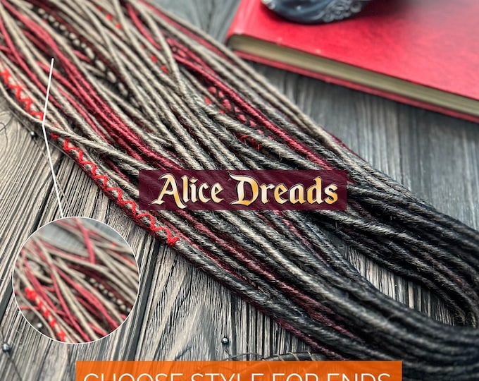 Black to Burgundy Thin Twisted Synthetic Dreads: Gray Ombre Dreadlock Extensions with Red Accents