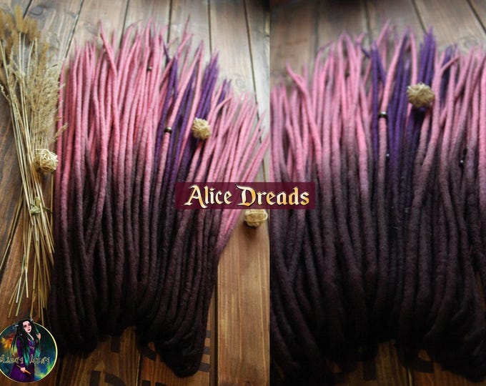 Pink Ombre Wool Dreadlock Extensions: Dark Brown to Pink Purple DE Dreads