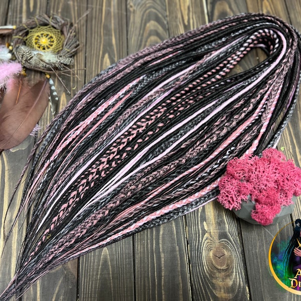 Synthetic dreads in the darkest brown, pastel pink, baby pink hair Double ended or single ended Dreadlock extensions set