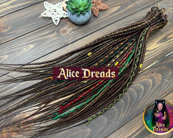 Brown Synthetic Dreads: Double Ended Dreadlock Extensions with red, green, auburn, ginger Fall Accents
