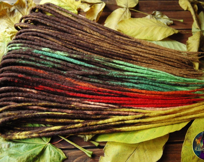 Wool DE/SE Dreads: "Autumn Leaves" Dark Brown, Green, Red, Yellow dreadlock extensions