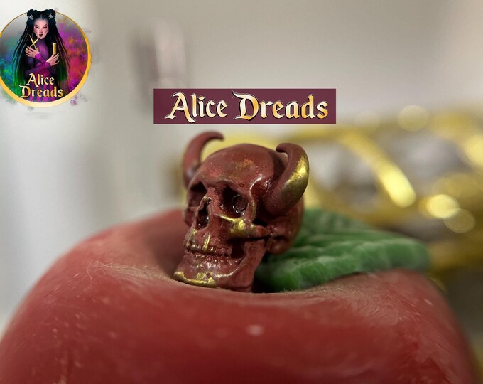 Red Skull Dreadlock Bead: Brass Horned Gothic Braid Accessory with gold accents