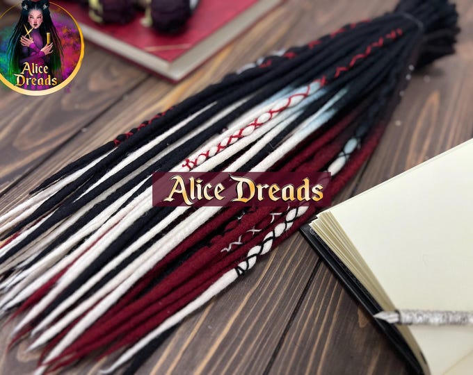 Wool Dreads Extensions black burgundy white ombre dreadlocks with wrapped accents Mix Set
