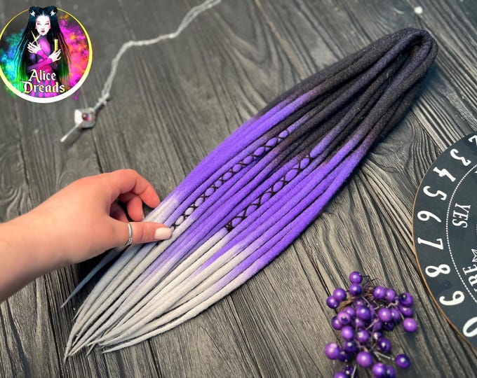 10 DE Violet Wool Dreadlock Extensions: Black Purple Silver Gray Dreads (45-50 cm)