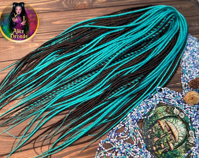 Brown & Turquoise Synthetic Dreads: Thin Boho Dreadlock Extensions with twists