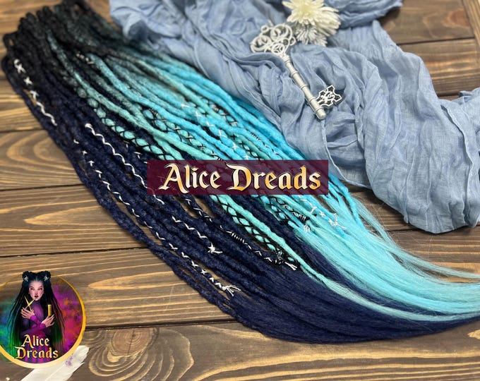 Crochet Synthetic Dreads: Black to Blue Ombre, cyan, aqua Wrapped Accents