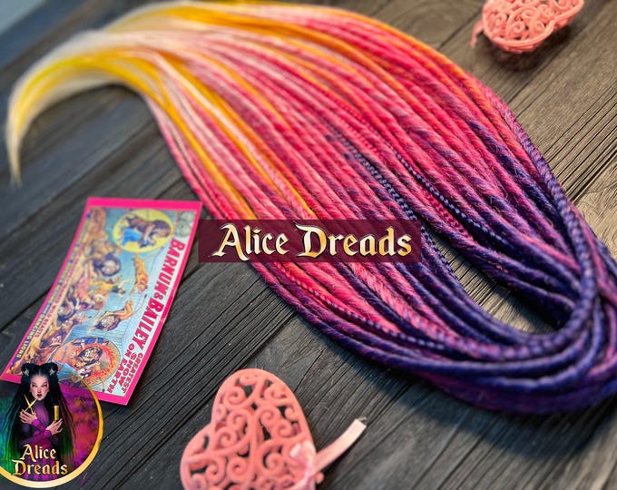 Ombre Synthetic Dreads "Circus" : Purple, Fuxia, Pink, Yellow, White dreadlocks with twists and braids