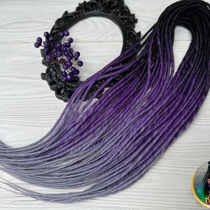 Set of thin synthetic dreads black to purple to light grey gray twisted hair extensions image 5