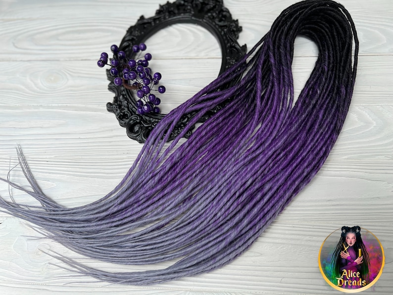 Set of thin synthetic dreads black to purple to light grey gray twisted hair extensions image 5