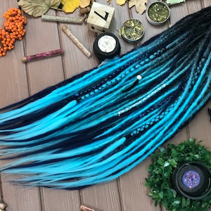 Set of natural look synthetic dreads DE dreadlock extensions accent custom dreadlocks black navy blue light blue baby blue sky aqua