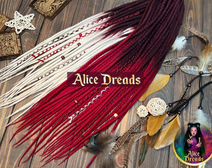 Wool Dreads Extensions: Brown Burgundy White Ombre, Braided Accents