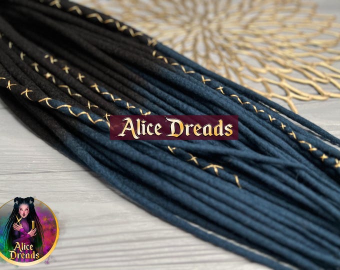 Wool Dreads "Deep Ocean": Black Ombre to Navy Blue with Gold wrapped Accents