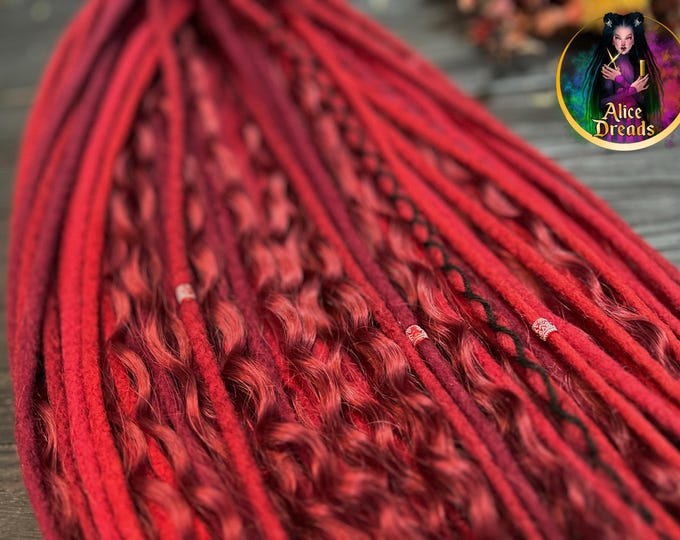 Burgundy Wool Dreads with synthetic curls : Boho Dreadlock Extensions, Crochet Hair Pieces