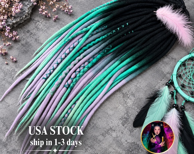 Alice Dreads Black to Mint Lavender Wool Dreads, 20 DE Pastel Ombre Dreadlock Extensions