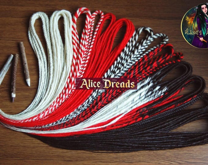 White, Red, and Dark Brown thin Synthetic Dreads, Multicolored Hair Extensions