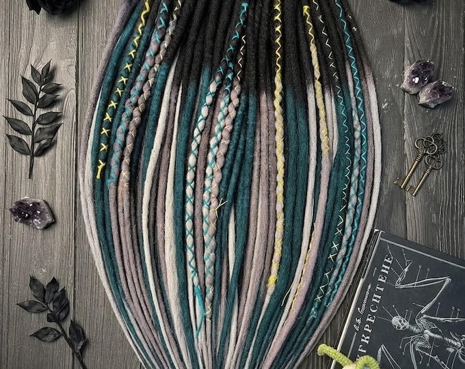Black to Teal Green Wool Dreads Set, Gray Merino Dreadlock Extensions, Boho Custom Locs