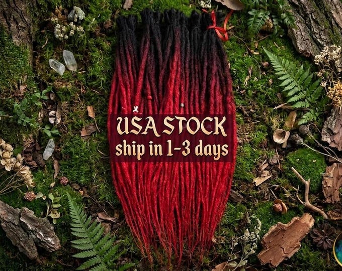 10 Double-Ended Crochet Synthetic Dreads, Black to Red Ombre, Dreaded Ends (55-60cm)