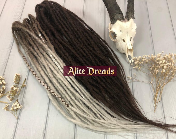Crochet Synthetic Dreads: Brown Ombre to Silver Gray, Wrapped Accents, ash gray hair extensions