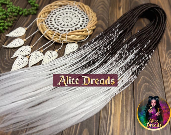 Dark Brown to White Synthetic Dreads: Thin Hair Extensions with loose tips