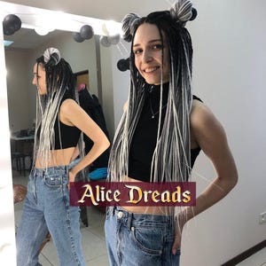Ombre Synthetic Dreads: Black to White, light grey gray Thin Hair Extensions with braids