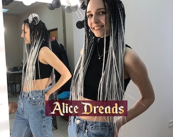 Ombre Synthetic Dreads: Black to White, light grey gray Thin Hair Extensions with braids