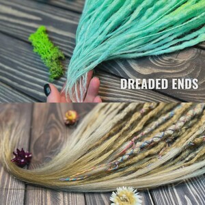 May include: A split image showing two hair extension styles. The top section displays bright green dreadlocks labeled DREADED ENDS. The bottom section shows blonde hair extensions with braided sections and loose ends labeled LOOSE ENDS.