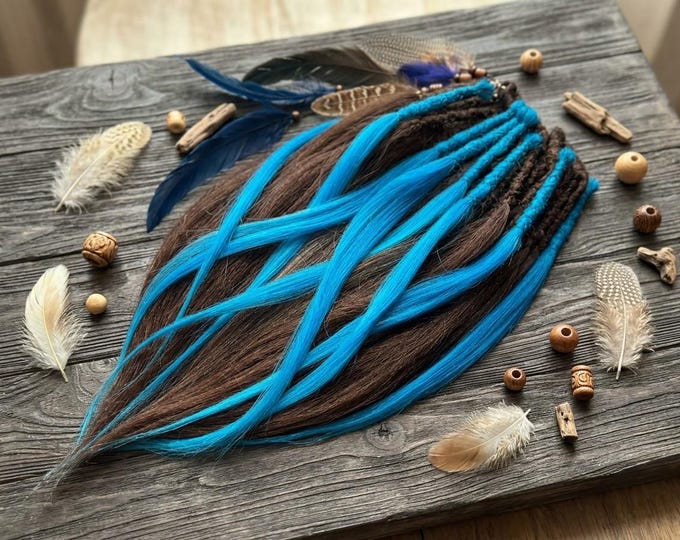 Crochet Synthetic Dreads, Dark Brown Azure Blue, Loose Ends, Kanekalon Hair Extensions