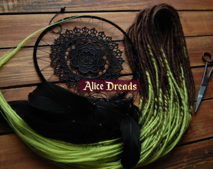 Dark Brown to Lime Green Synthetic Dreads: Thin Hair Extensions