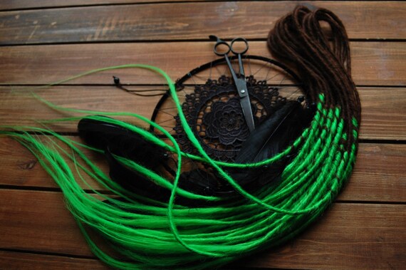 Thin Synthetic Dreads Dark Brown Bright Green Lime Hair Etsy