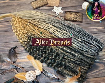 Curly Synthetic Dreads: Dark Brown to Honey Blonde golden Braided Hair Extensions Celtic style