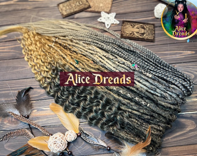 Curly Synthetic Dreads: Dark Brown to Honey Blonde golden Braided Hair Extensions Celtic style