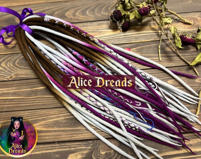 Wool Dreads Set: Brown to Silver Gray Ombre, Dark Magenta Accents