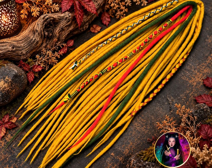 Dark Yellow, Olive Green and Red Wool Dreads, Rasta Color, Double or Single Ended