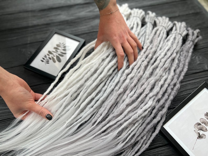 Full set of white silver gray grey shades long crochet synthetic double ended DE dreads natural dreadlocks full head hair extensions grey image 1