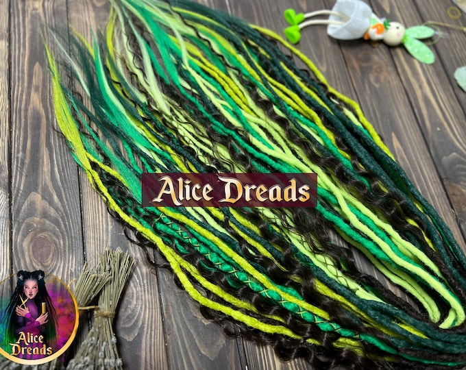 Curly Synthetic Dreads "Jungle": Green & Dark Brown curls Hair Extensions