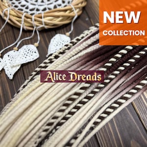Wool dreads dark brown to blonde ombre double single ended dreadlocks DE accents Viking style with braids and twists boho locks