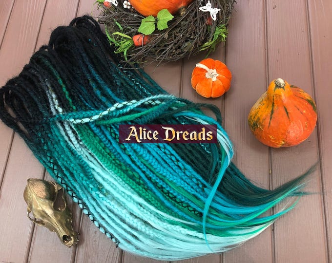 Mermaid Tail Synthetic Dreads: Black, Teal, Green, mint Accent Braids