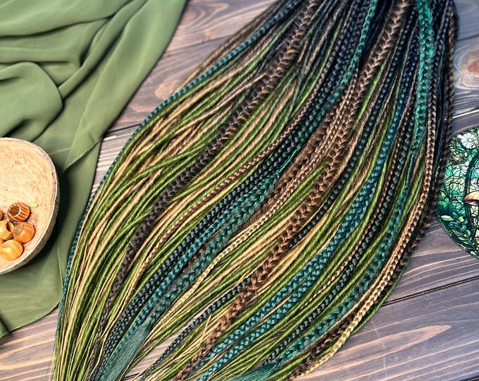 Ombre Synthetic Dreads: Bohemian Black to olive Green, emerald, blonde, brown, Hair Extensions Dreadlocks