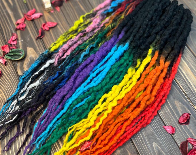 Rainbow Wool Dreads: Black Root, Colorful Ends, DE/SE Accents pride locks