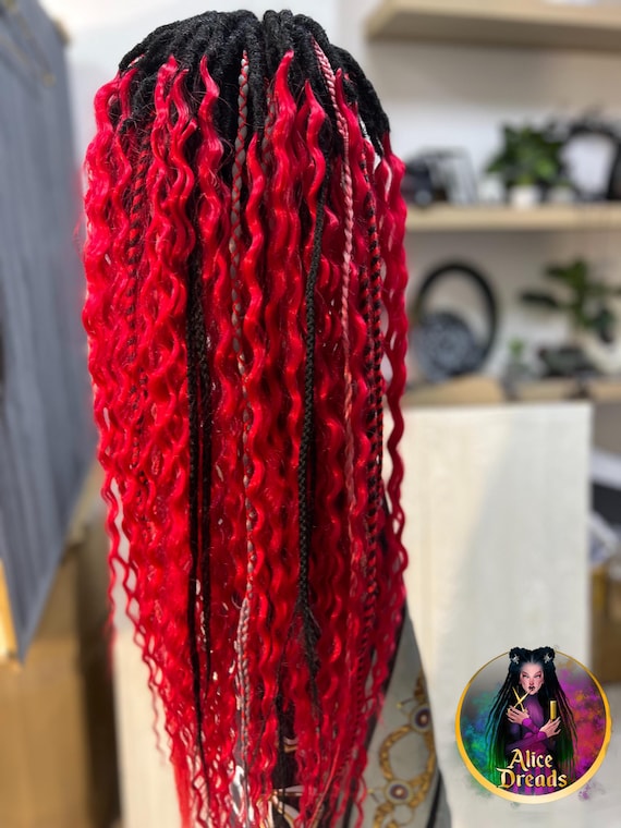 Ombre Curly Dreads: Black to Red Wavy Synthetic Hair  display picture 1