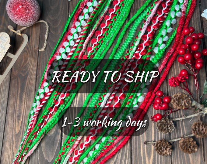 Christmas Crochet Dreadlocks Hair Tie: Red, White, Bright Green Synthetic Dreads
