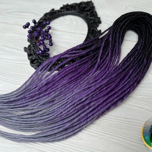 Set of thin synthetic dreads black to purple to light grey gray twisted hair extensions image 3