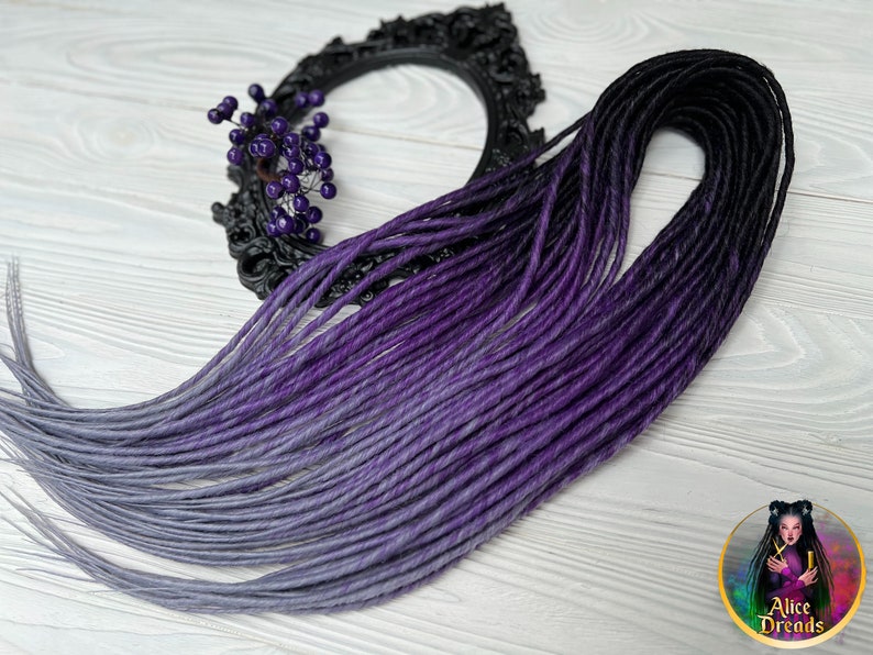 Set of thin synthetic dreads black to purple to light grey gray twisted hair extensions image 3