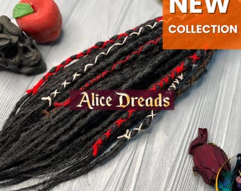 Black Crochet Synthetic Dreads with Wrapped Red White Accents