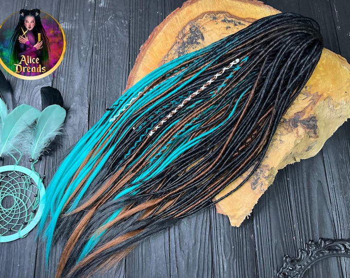 Turquoise Synthetic Dreads Extensions, Ombre Black Brown Thin Dreadlocks, Fake Festival Hair Extensions